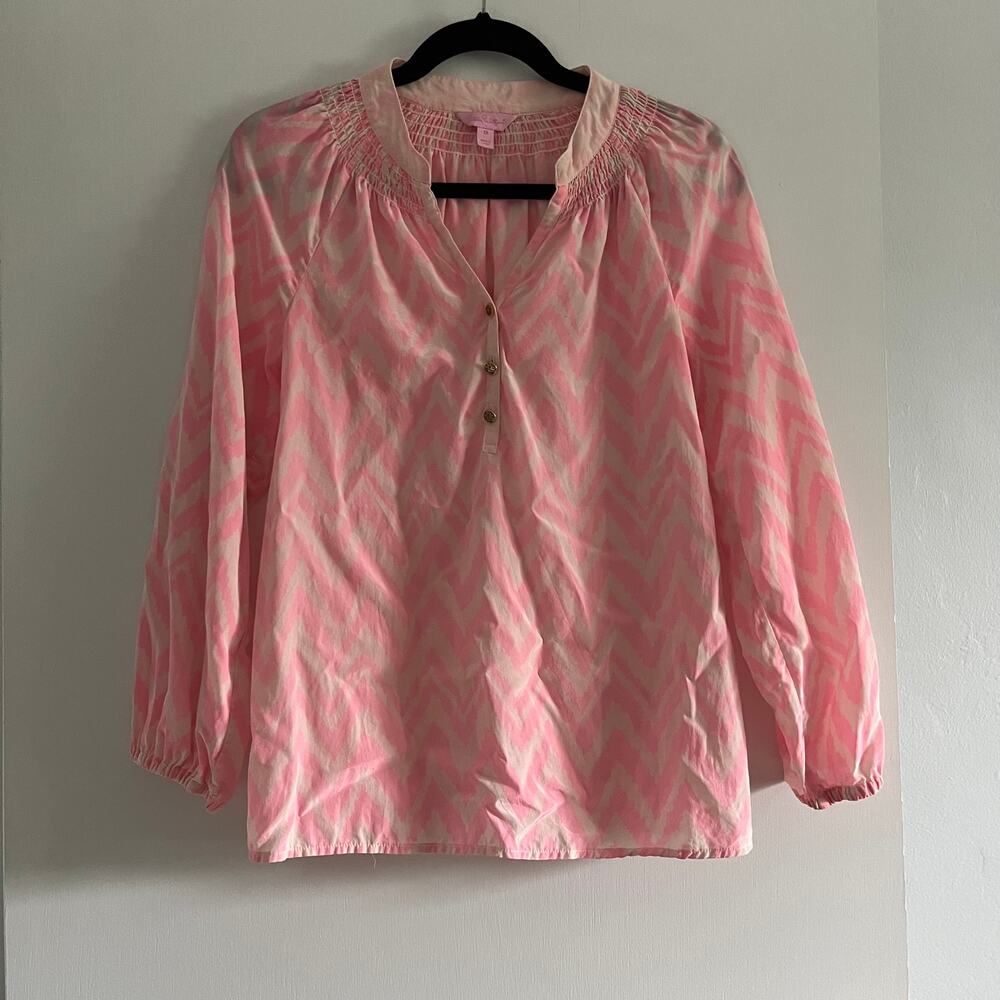 Lilly Pulitzer Elsa Silk Blouse XS Pink White Chevron Resort Wear